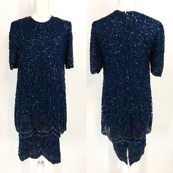 Vintage Dresses & Skirts - Vintage Blue Silk Beaded Formal Dress